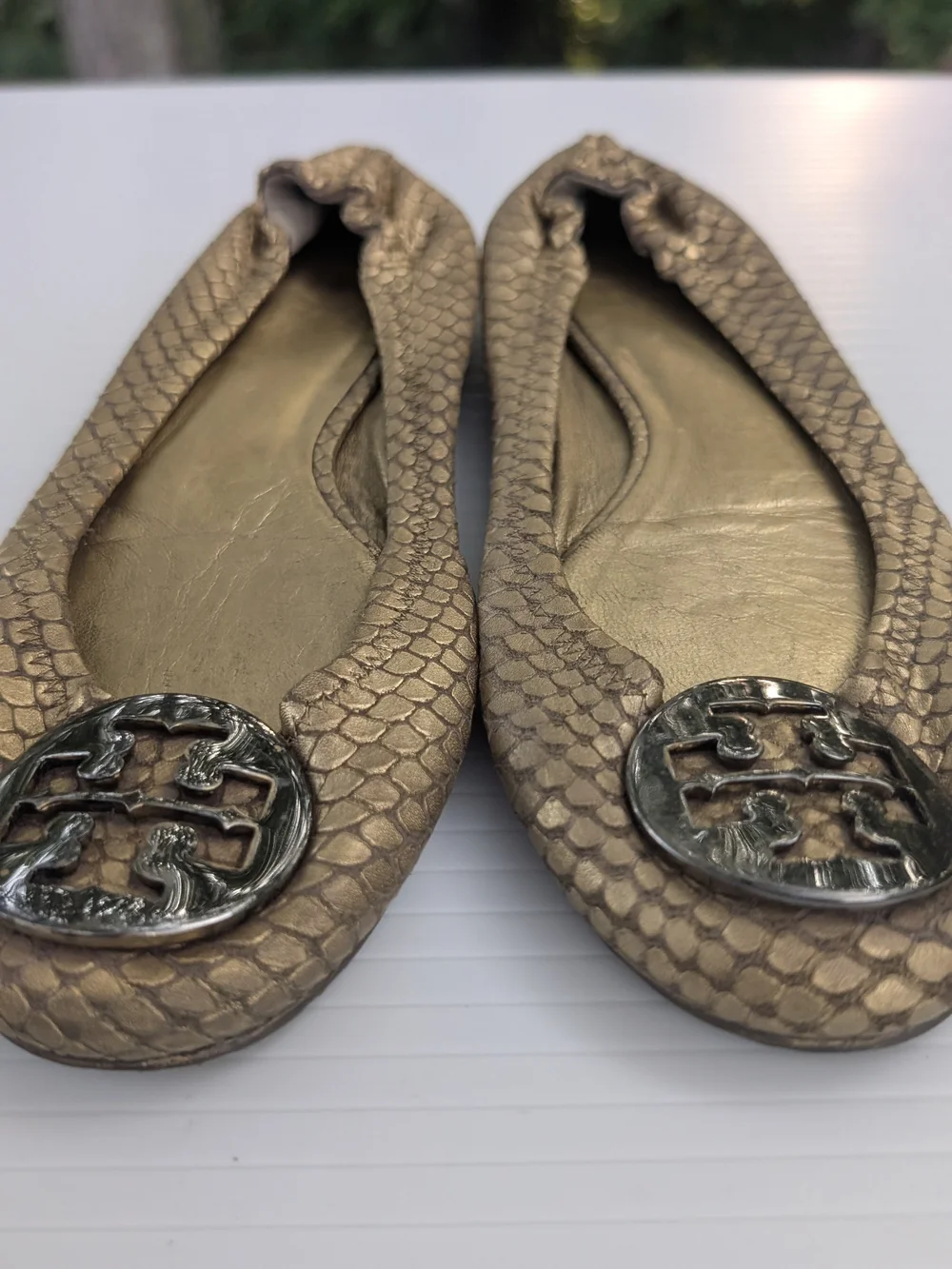 Tory Burch Reva Metallic Bronze Snake-Embossed Ballet Flats with Logo